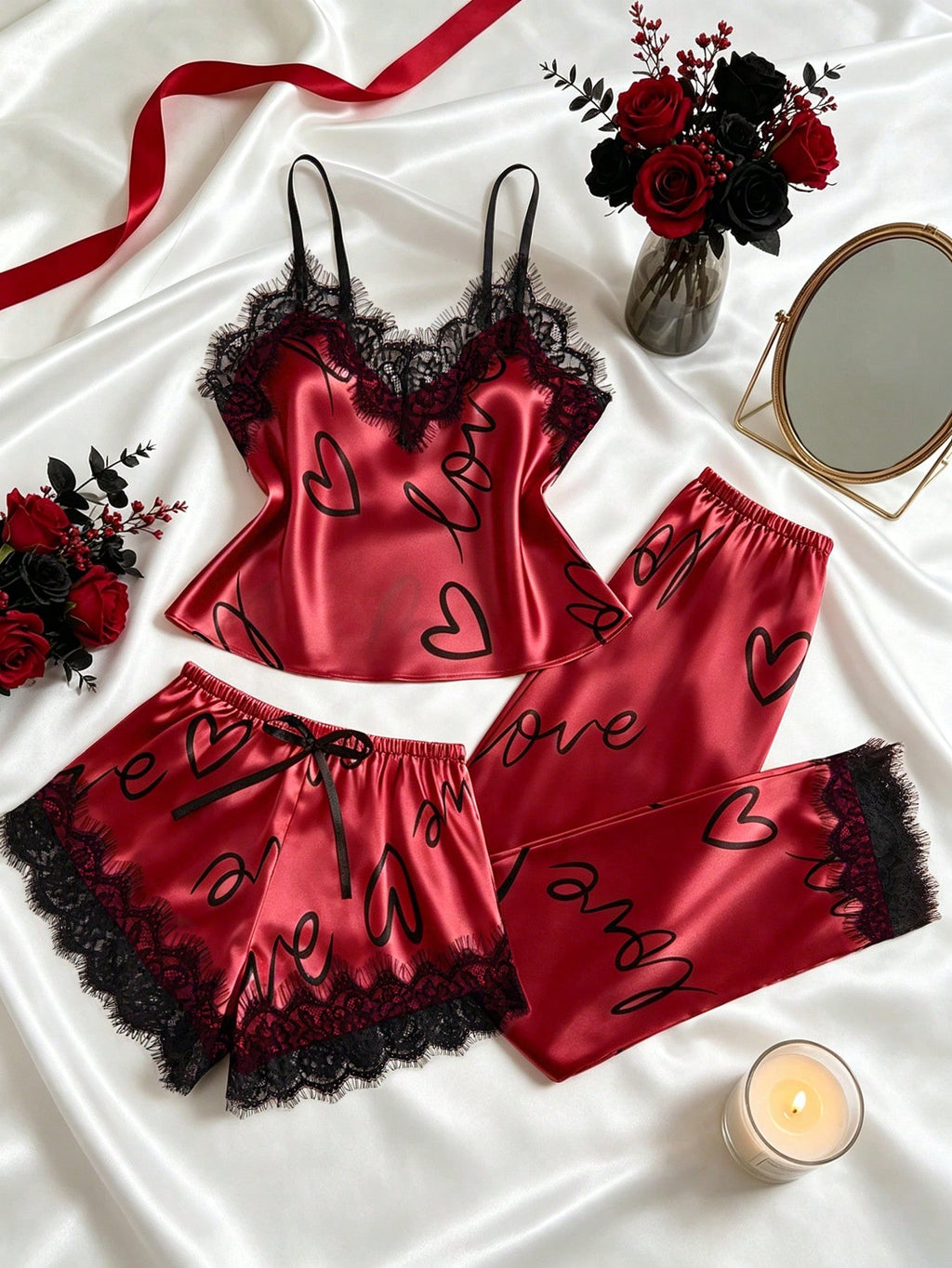 Women's Contrast Lace Letter Print Pajamas Set