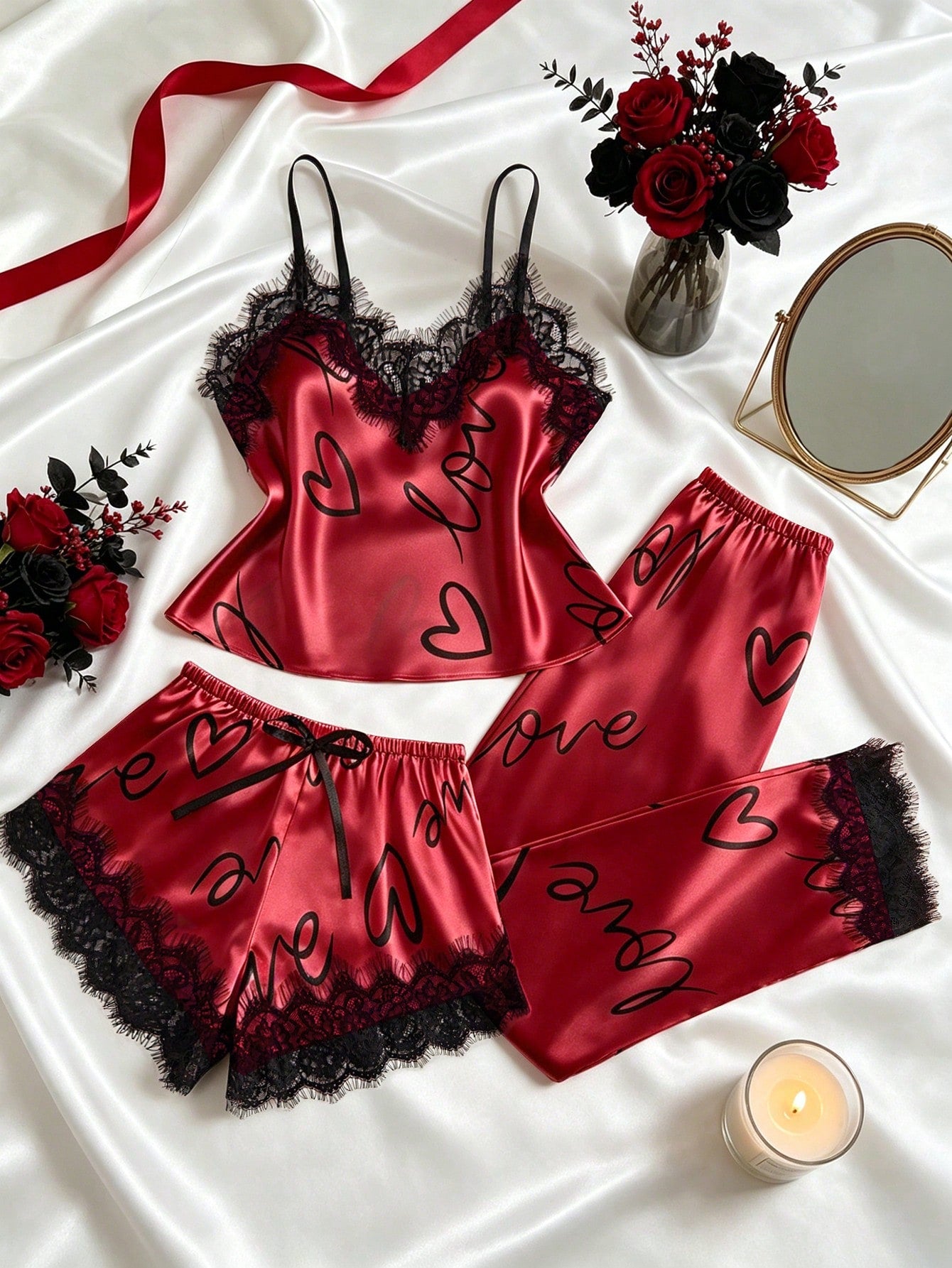 Women's Contrast Lace Letter Print Pajamas Set