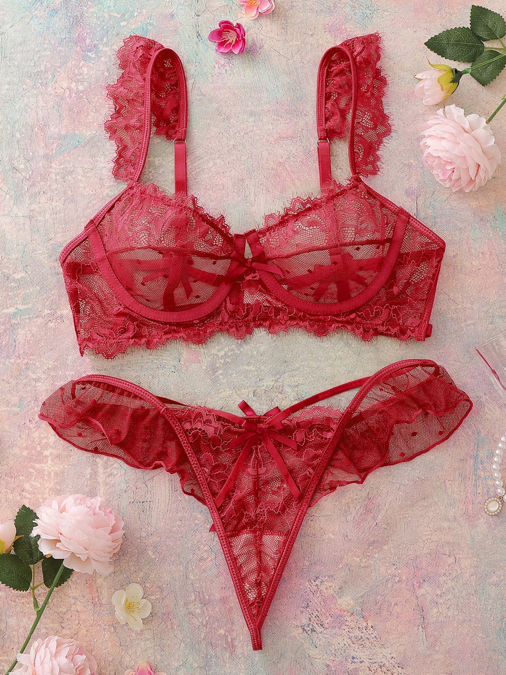 Women's Lace Ruffle Trim Bra And Thong Set