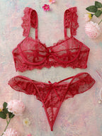 Women's Lace Ruffle Trim Bra And Thong Set