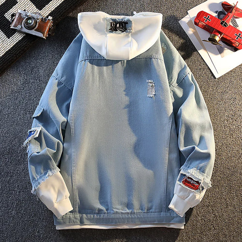 Casual Vacation Two-piece Denim Jacket Men's Button Hooded Cardigan Top image 2
