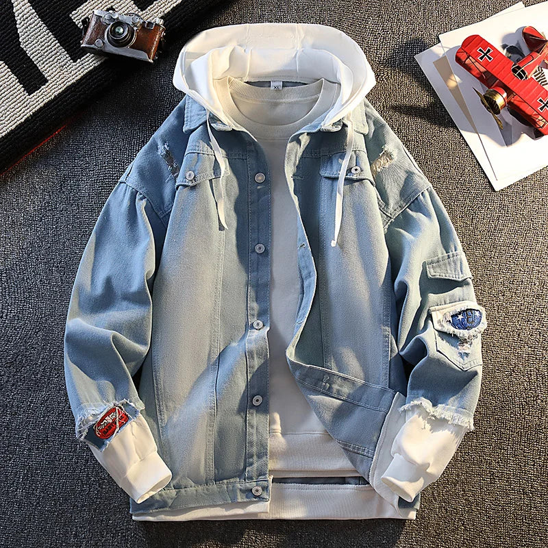 Casual Vacation Two-piece Denim Jacket Men's Button Hooded Cardigan Top image 1
