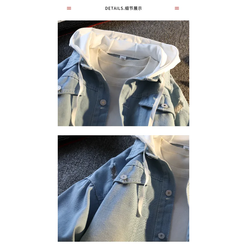 Casual Vacation Two-piece Denim Jacket Men's Button Hooded Cardigan Top image 4