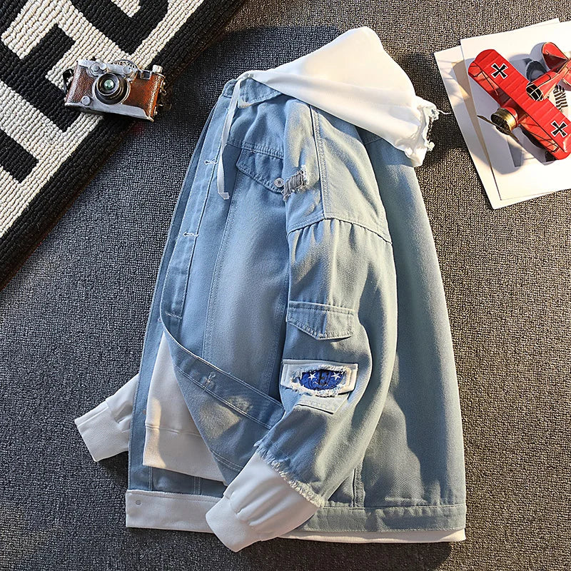Casual Vacation Two-piece Denim Jacket Men's Button Hooded Cardigan Top image 3
