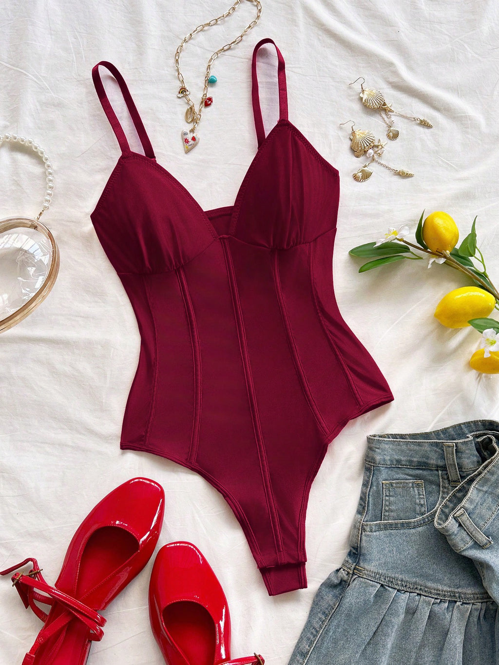Women's Vacation Knit V-Neck Fishbone Waist Bodysuit