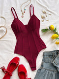 Women's Vacation Knit V-Neck Fishbone Waist Bodysuit