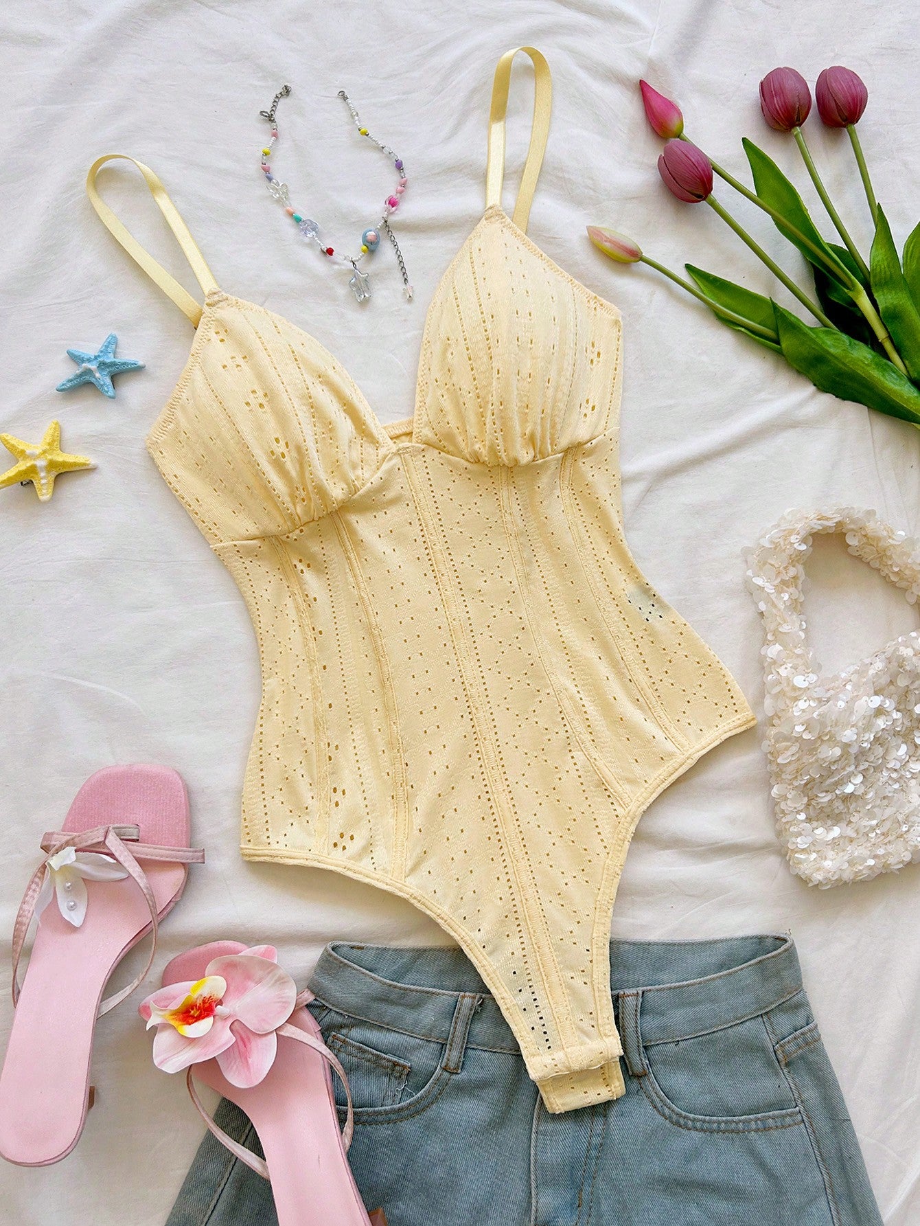 Women's Vacation Knit V-Neck Fishbone Waist Bodysuit